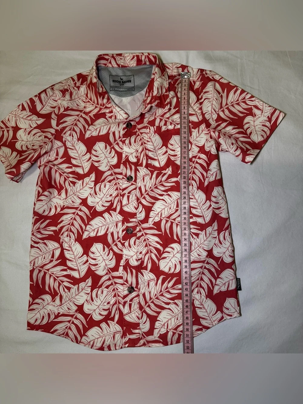 Eddie Bauer Red and White Tropical-Print Boy’s Short-Sleeve Button-Down
